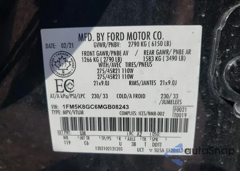 2021 Ford Explorer St из США, поврежденный, VIN 1FM5K8GC6MGB08243